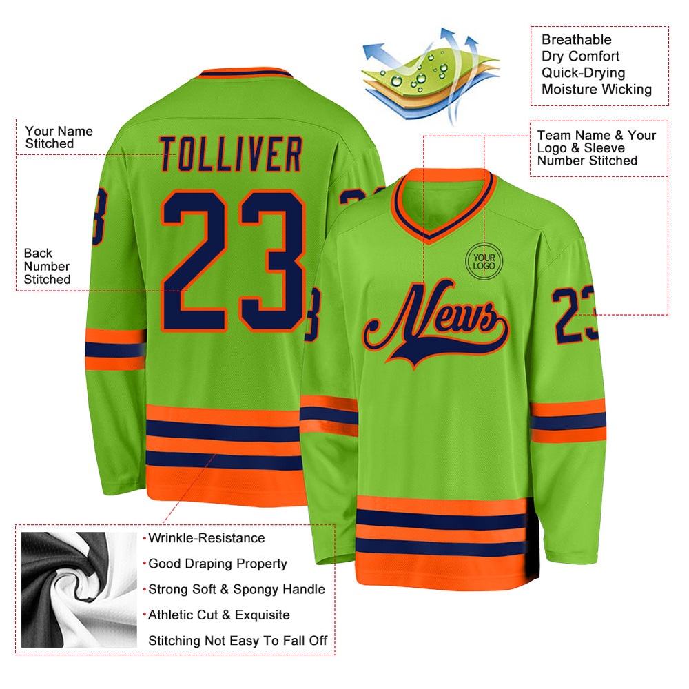 Custom Neon Green Navy Orange Hockey Jersey, New Hockey Jersey, Personali Sport Team Jersey Shirt Custom Neon Green Navy Orange Hockey Jersey, New Hockey Jersey, Personali Sport Team Jersey Shirt
