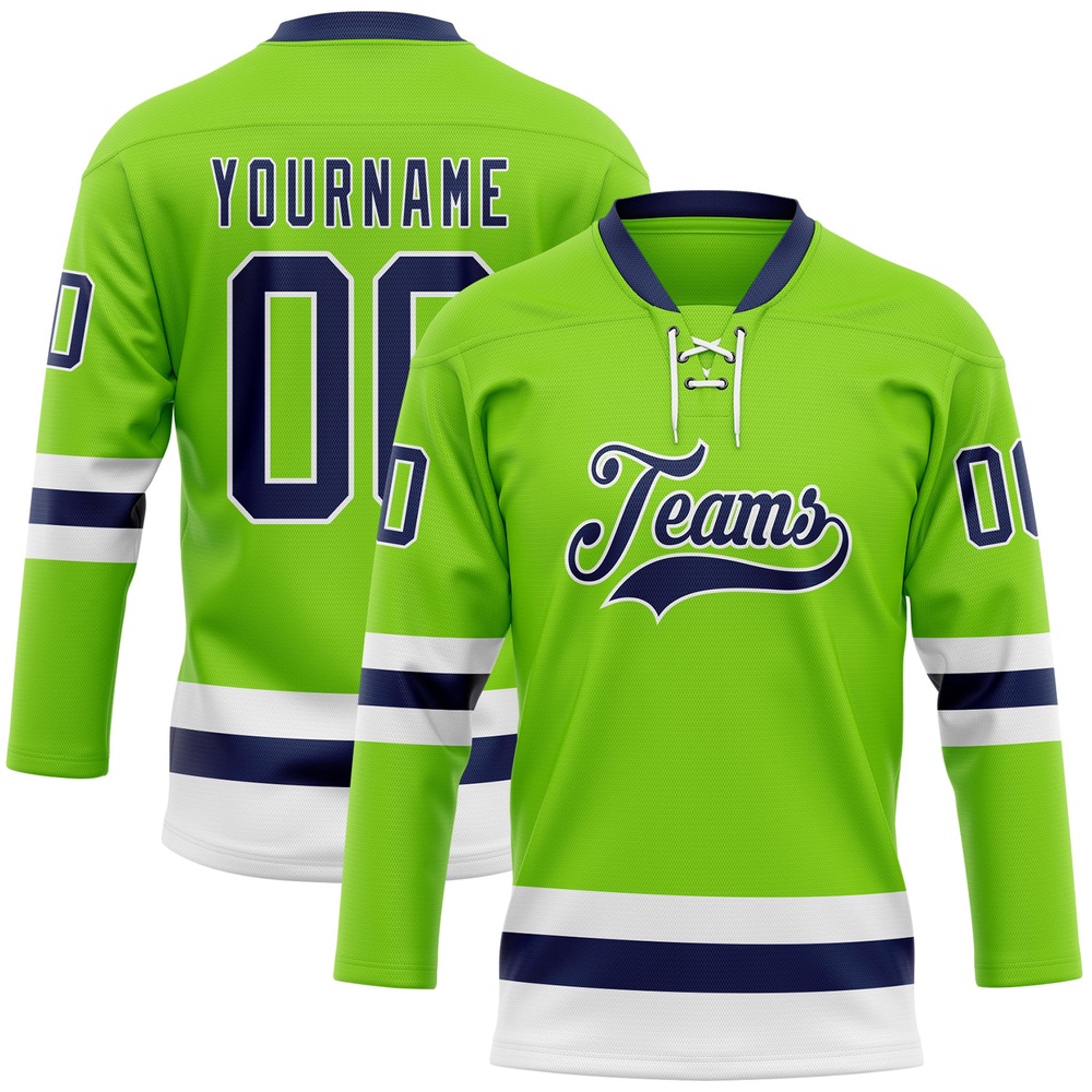 Custom Neon Green Navy White Hockey Lace Neck Jersey, New Hockey Jersey, Personali Sport Team Jersey Shirt Custom Neon Green Navy White Hockey Lace Neck Jersey, New Hockey Jersey, Personali Sport Team Jersey Shirt