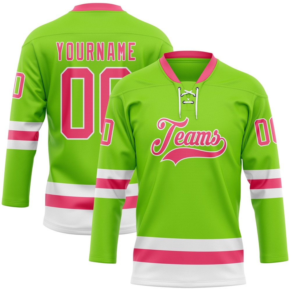Custom Neon Green Neon Pink White Hockey Lace Neck Jersey, New Hockey Jersey, Personali Sport Team Jersey Shirt Custom Neon Green Neon Pink White Hockey Lace Neck Jersey, New Hockey Jersey, Personali Sport Team Jersey Shirt