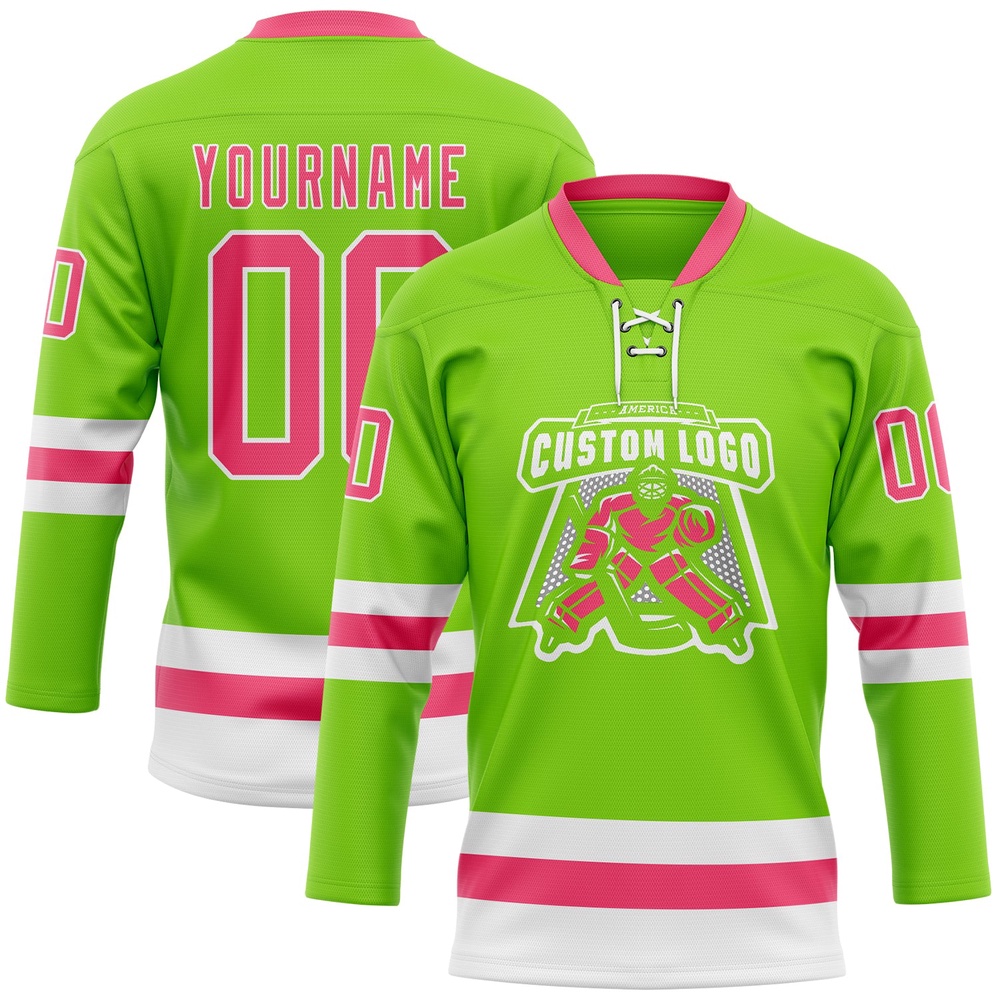 Custom Neon Green Neon Pink White Hockey Lace Neck Jersey, New Hockey Jersey, Personali Sport Team Jersey Shirt Custom Neon Green Neon Pink White Hockey Lace Neck Jersey, New Hockey Jersey, Personali Sport Team Jersey Shirt