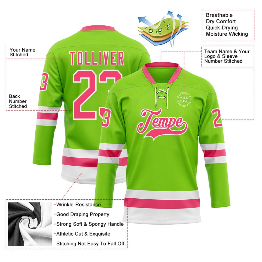 Custom Neon Green Neon Pink White Hockey Lace Neck Jersey, New Hockey Jersey, Personali Sport Team Jersey Shirt Custom Neon Green Neon Pink White Hockey Lace Neck Jersey, New Hockey Jersey, Personali Sport Team Jersey Shirt