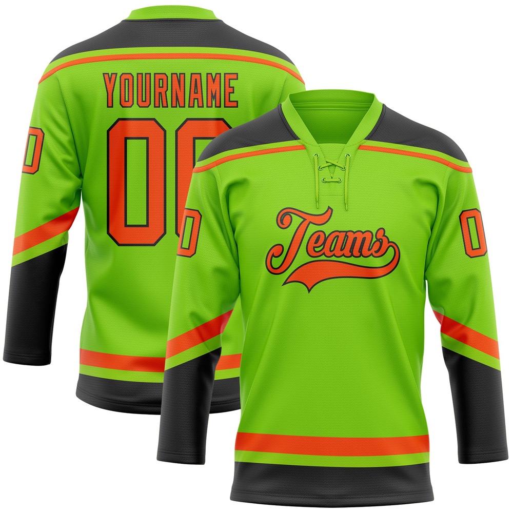 Custom Neon Green Orange Black Hockey Lace Neck Jersey, New Hockey Jersey, Personali Sport Team Jersey Shirt Custom Neon Green Orange Black Hockey Lace Neck Jersey, New Hockey Jersey, Personali Sport Team Jersey Shirt