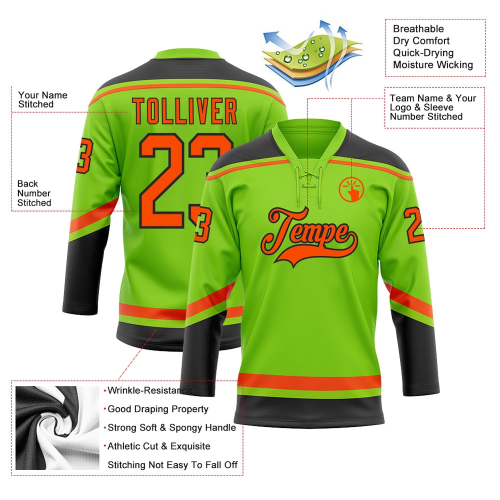 Custom Neon Green Orange Black Hockey Lace Neck Jersey, New Hockey Jersey, Personali Sport Team Jersey Shirt Custom Neon Green Orange Black Hockey Lace Neck Jersey, New Hockey Jersey, Personali Sport Team Jersey Shirt