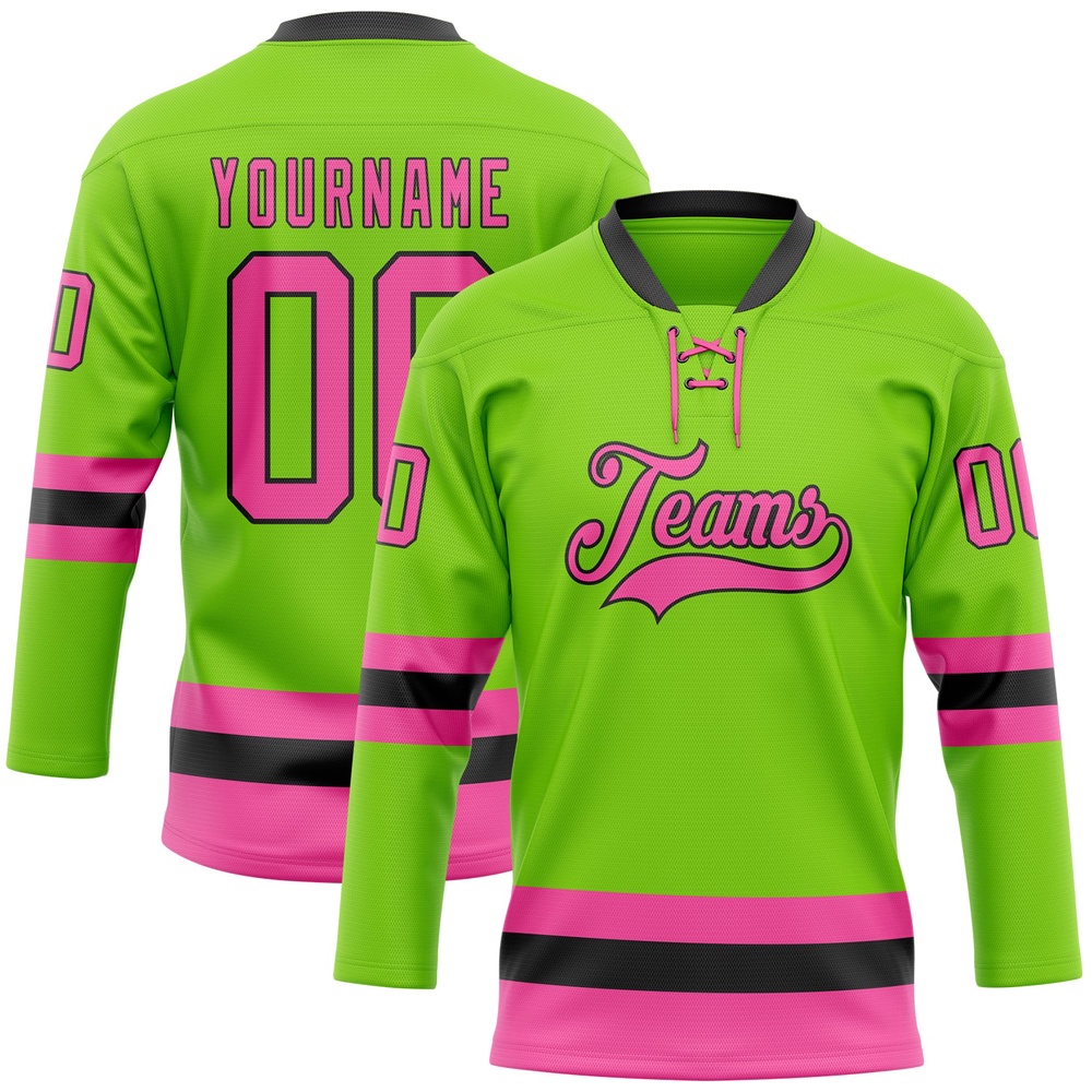 Custom Neon Green Pink Black Hockey Lace Neck Jersey, New Hockey Jersey, Personali Sport Team Jersey Shirt Custom Neon Green Pink Black Hockey Lace Neck Jersey, New Hockey Jersey, Personali Sport Team Jersey Shirt