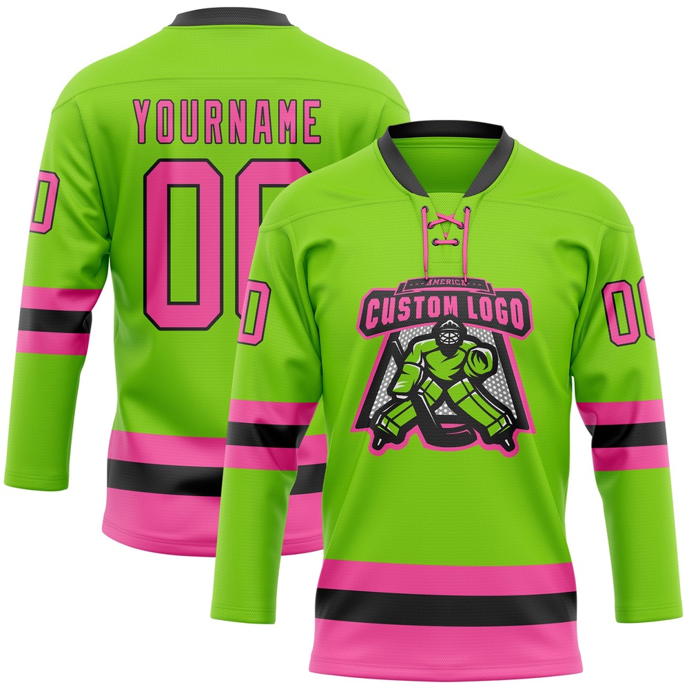 Custom Neon Green Pink Black Hockey Lace Neck Jersey, New Hockey Jersey, Personali Sport Team Jersey Shirt Custom Neon Green Pink Black Hockey Lace Neck Jersey, New Hockey Jersey, Personali Sport Team Jersey Shirt
