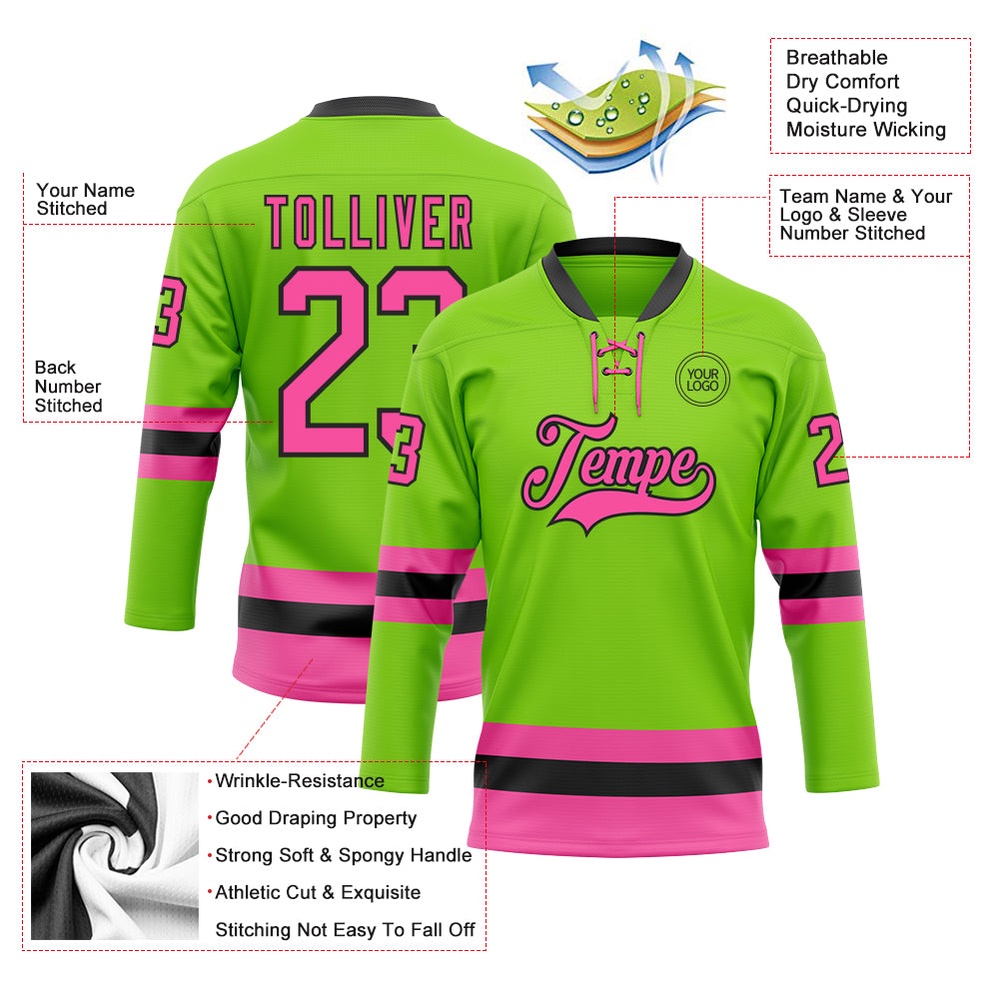 Custom Neon Green Pink Black Hockey Lace Neck Jersey, New Hockey Jersey, Personali Sport Team Jersey Shirt Custom Neon Green Pink Black Hockey Lace Neck Jersey, New Hockey Jersey, Personali Sport Team Jersey Shirt