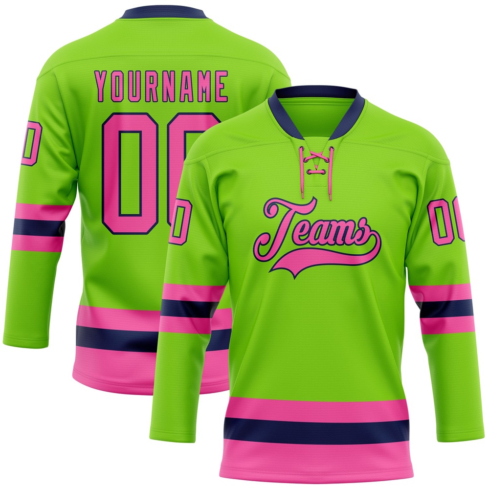 Custom Neon Green Pink Navy Hockey Lace Neck Jersey, New Hockey Jersey, Personali Sport Team Jersey Shirt Custom Neon Green Pink Navy Hockey Lace Neck Jersey, New Hockey Jersey, Personali Sport Team Jersey Shirt