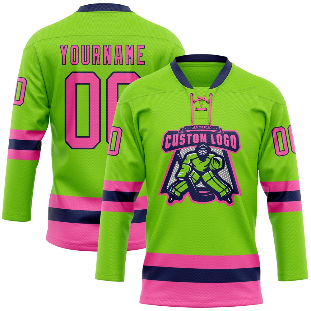 Custom Neon Green Pink Navy Hockey Lace Neck Jersey, New Hockey Jersey, Personali Sport Team Jersey Shirt Custom Neon Green Pink Navy Hockey Lace Neck Jersey, New Hockey Jersey, Personali Sport Team Jersey Shirt