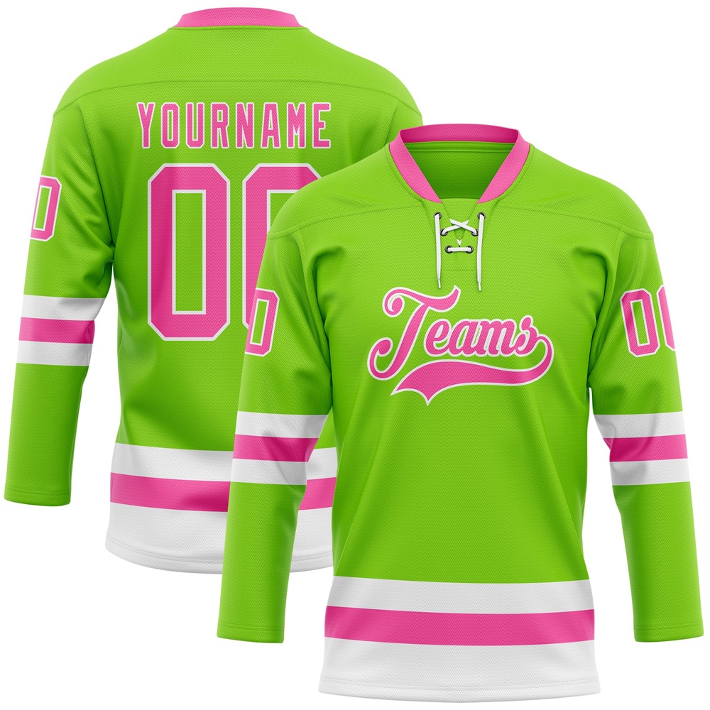 Custom Neon Green Pink White Hockey Lace Neck Jersey, New Hockey Jersey, Personali Sport Team Jersey Shirt Custom Neon Green Pink White Hockey Lace Neck Jersey, New Hockey Jersey, Personali Sport Team Jersey Shirt