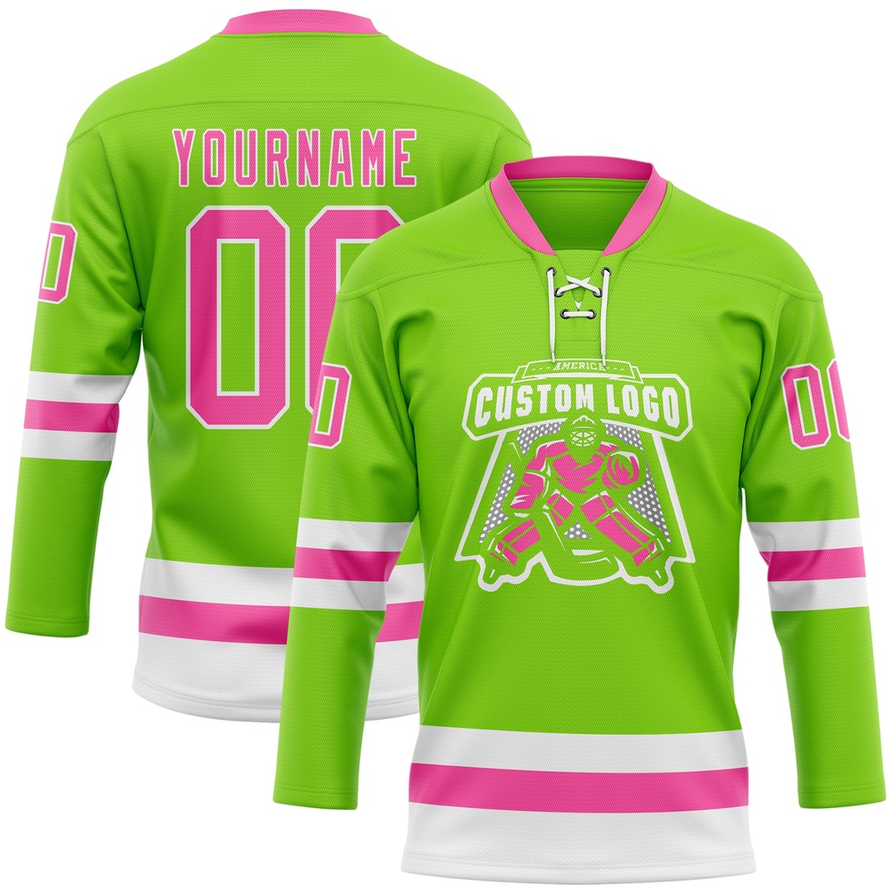 Custom Neon Green Pink White Hockey Lace Neck Jersey, New Hockey Jersey, Personali Sport Team Jersey Shirt Custom Neon Green Pink White Hockey Lace Neck Jersey, New Hockey Jersey, Personali Sport Team Jersey Shirt