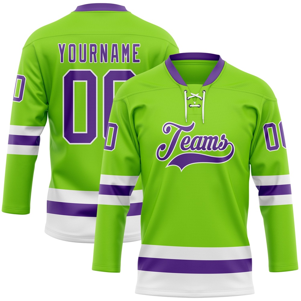 Custom Neon Green Purple White Hockey Lace Neck Jersey, New Hockey Jersey, Personali Sport Team Jersey Shirt Custom Neon Green Purple White Hockey Lace Neck Jersey, New Hockey Jersey, Personali Sport Team Jersey Shirt