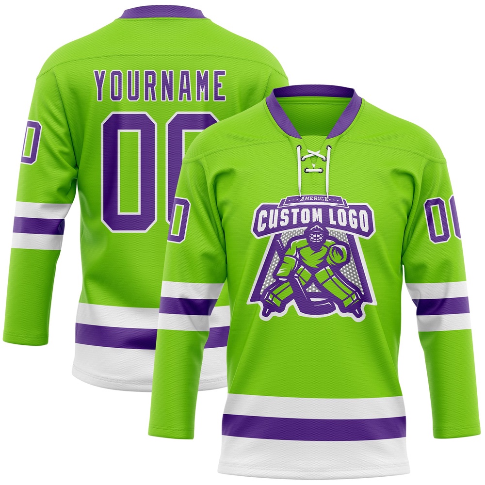Custom Neon Green Purple White Hockey Lace Neck Jersey, New Hockey Jersey, Personali Sport Team Jersey Shirt Custom Neon Green Purple White Hockey Lace Neck Jersey, New Hockey Jersey, Personali Sport Team Jersey Shirt