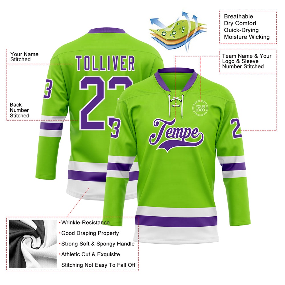 Custom Neon Green Purple White Hockey Lace Neck Jersey, New Hockey Jersey, Personali Sport Team Jersey Shirt Custom Neon Green Purple White Hockey Lace Neck Jersey, New Hockey Jersey, Personali Sport Team Jersey Shirt