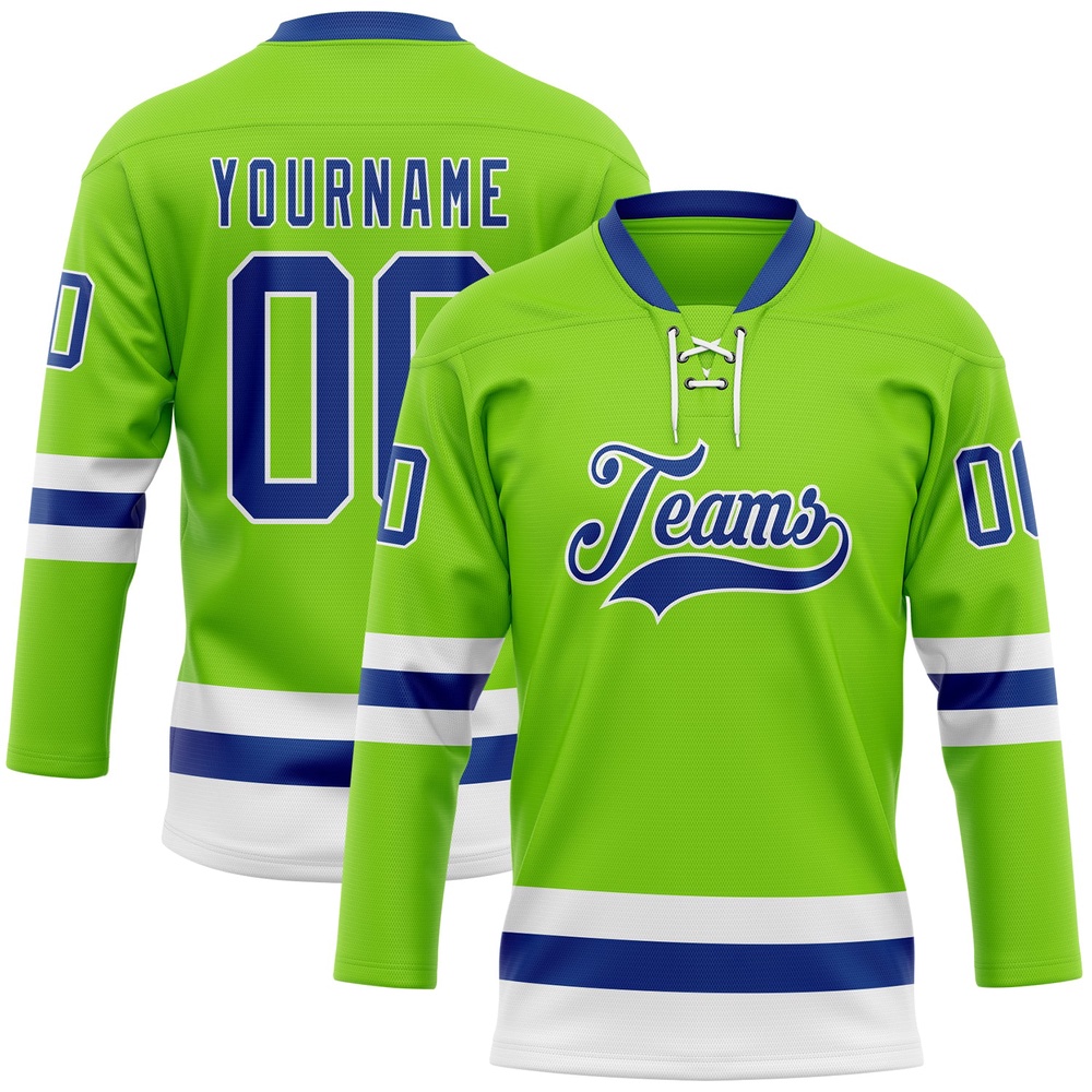 Custom Neon Green Royal White Hockey Lace Neck Jersey, New Hockey Jersey, Personali Sport Team Jersey Shirt Custom Neon Green Royal White Hockey Lace Neck Jersey, New Hockey Jersey, Personali Sport Team Jersey Shirt