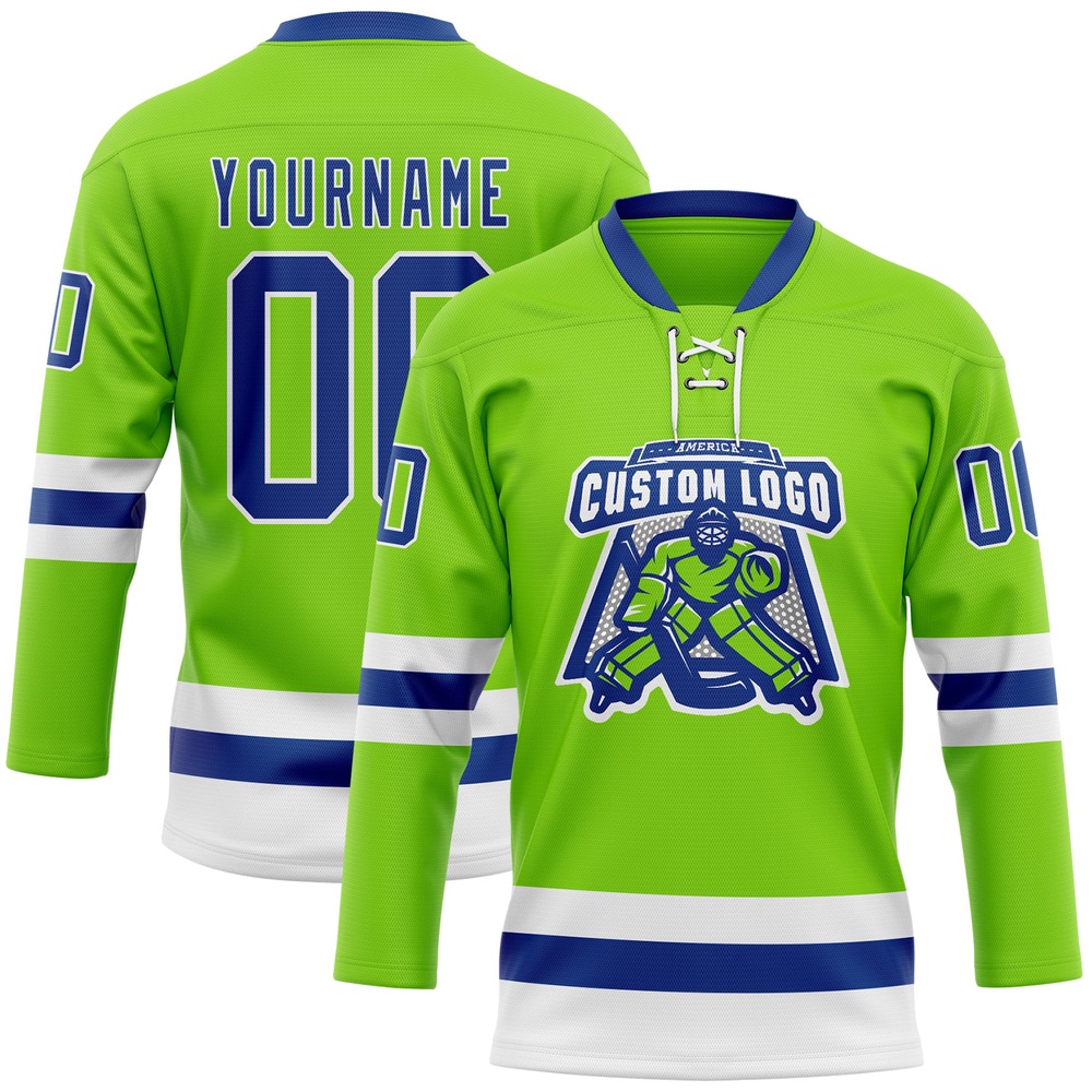 Custom Neon Green Royal White Hockey Lace Neck Jersey, New Hockey Jersey, Personali Sport Team Jersey Shirt Custom Neon Green Royal White Hockey Lace Neck Jersey, New Hockey Jersey, Personali Sport Team Jersey Shirt