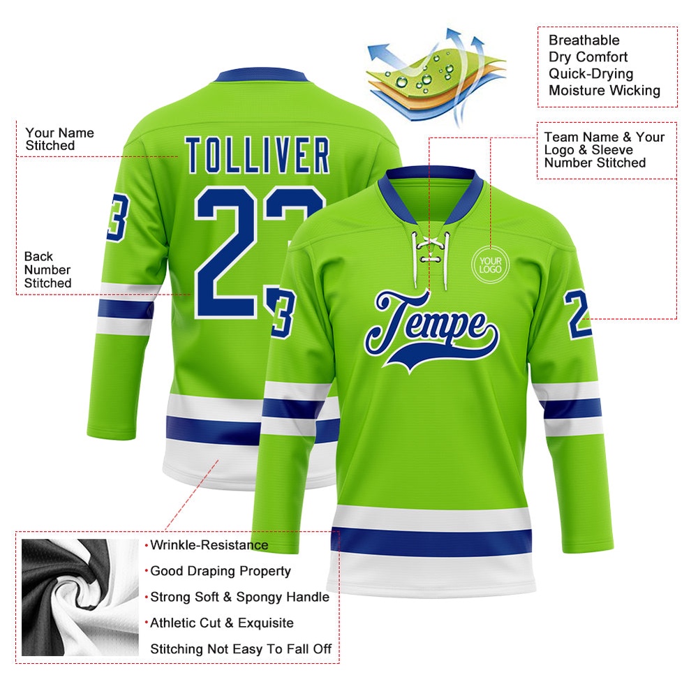 Custom Neon Green Royal White Hockey Lace Neck Jersey, New Hockey Jersey, Personali Sport Team Jersey Shirt Custom Neon Green Royal White Hockey Lace Neck Jersey, New Hockey Jersey, Personali Sport Team Jersey Shirt