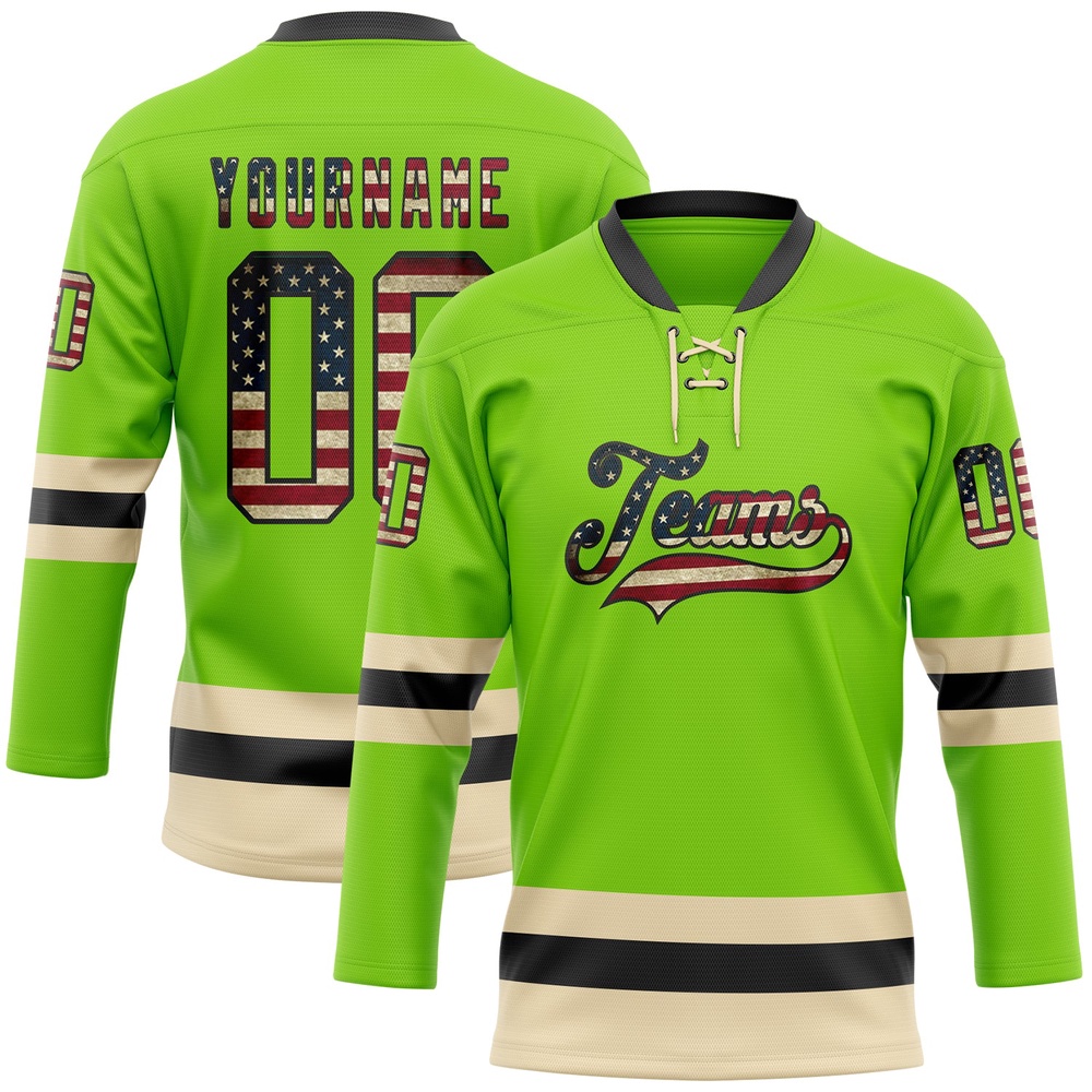 Custom Neon Green Vintage USA Flag Black Cream Hockey Lace Neck Jersey, New Hockey Jersey, Personali Sport Team Jersey Shirt Custom Neon Green Vintage USA Flag Black Cream Hockey Lace Neck Jersey, New Hockey Jersey, Personali Sport Team Jersey Shirt