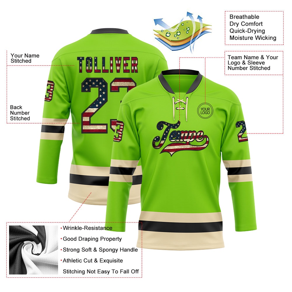 Custom Neon Green Vintage USA Flag Black Cream Hockey Lace Neck Jersey, New Hockey Jersey, Personali Sport Team Jersey Shirt Custom Neon Green Vintage USA Flag Black Cream Hockey Lace Neck Jersey, New Hockey Jersey, Personali Sport Team Jersey Shirt