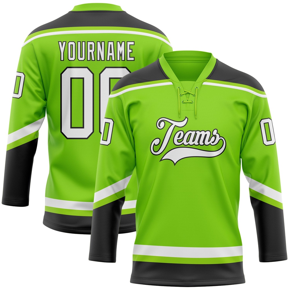 Custom Neon Green White Black Hockey Lace Neck Jersey, New Hockey Jersey, Personali Sport Team Jersey Shirt Custom Neon Green White Black Hockey Lace Neck Jersey, New Hockey Jersey, Personali Sport Team Jersey Shirt