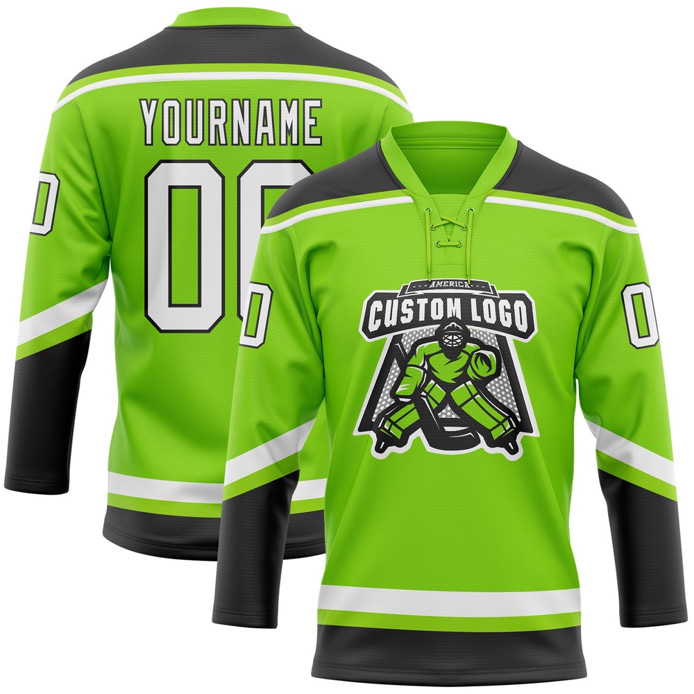 Custom Neon Green White Black Hockey Lace Neck Jersey, New Hockey Jersey, Personali Sport Team Jersey Shirt Custom Neon Green White Black Hockey Lace Neck Jersey, New Hockey Jersey, Personali Sport Team Jersey Shirt