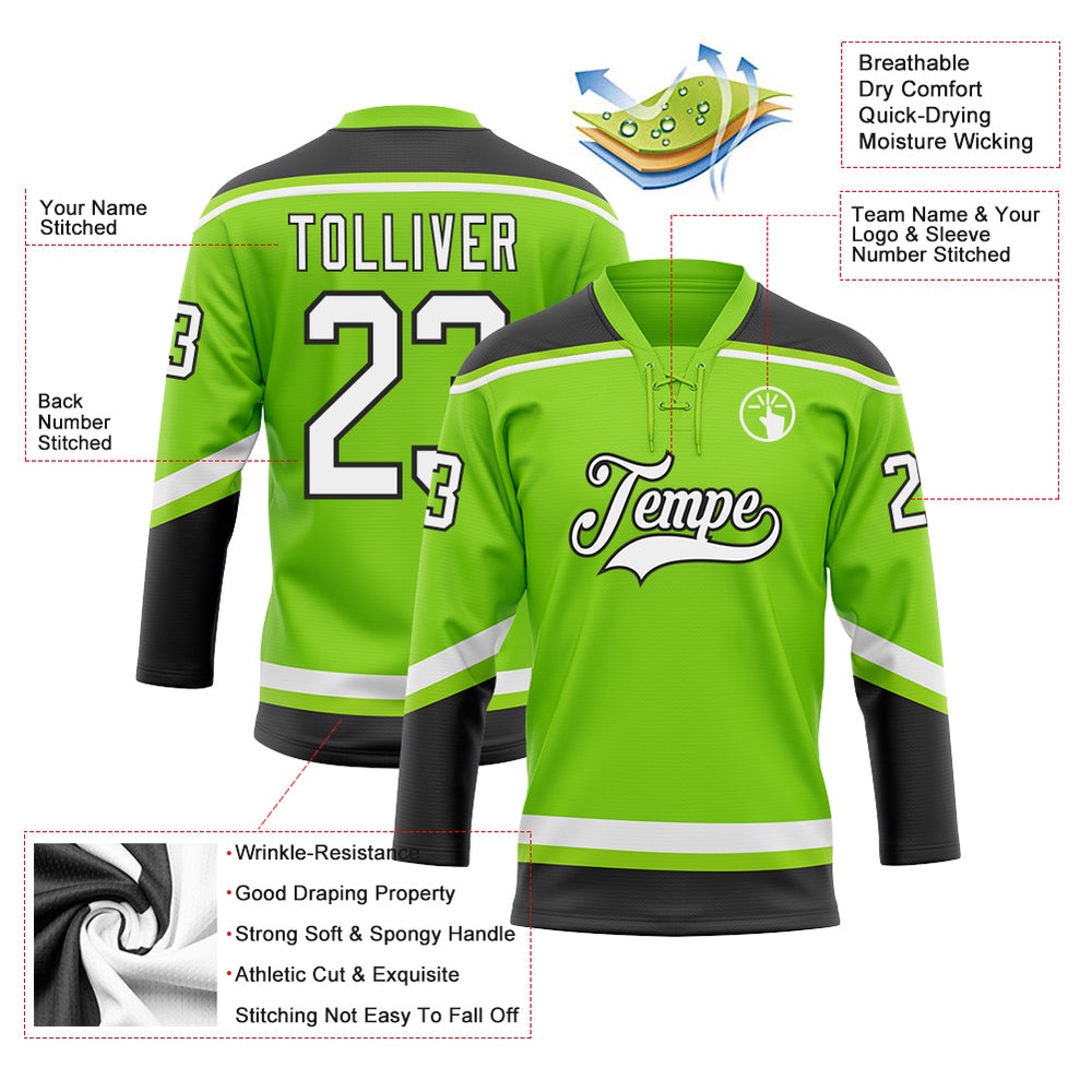 Custom Neon Green White Black Hockey Lace Neck Jersey, New Hockey Jersey, Personali Sport Team Jersey Shirt Custom Neon Green White Black Hockey Lace Neck Jersey, New Hockey Jersey, Personali Sport Team Jersey Shirt
