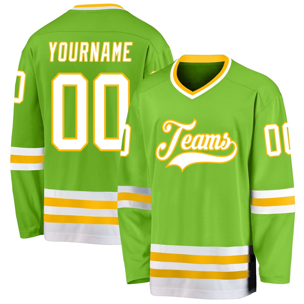 Custom Neon Green White Gold Hockey Jersey, New Hockey Jersey, Personali Sport Team Jersey Shirt Custom Neon Green White Gold Hockey Jersey, New Hockey Jersey, Personali Sport Team Jersey Shirt