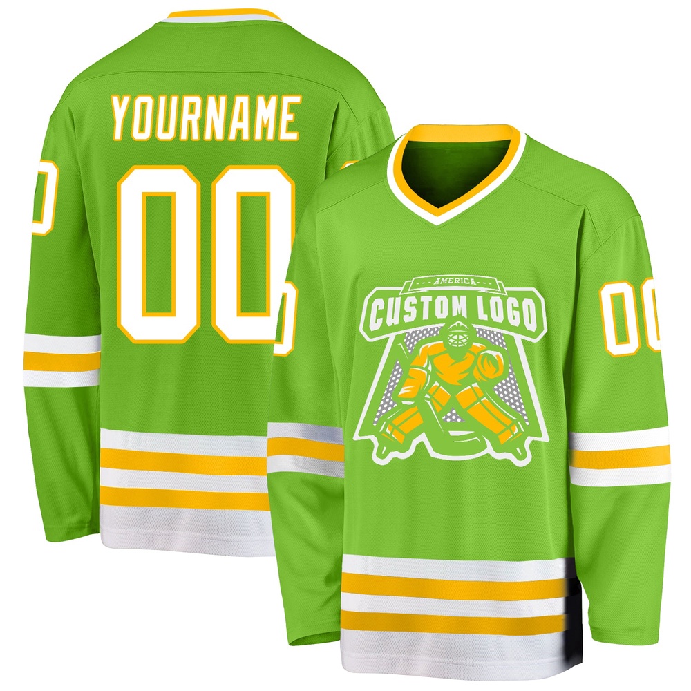 Custom Neon Green White Gold Hockey Jersey, New Hockey Jersey, Personali Sport Team Jersey Shirt Custom Neon Green White Gold Hockey Jersey, New Hockey Jersey, Personali Sport Team Jersey Shirt