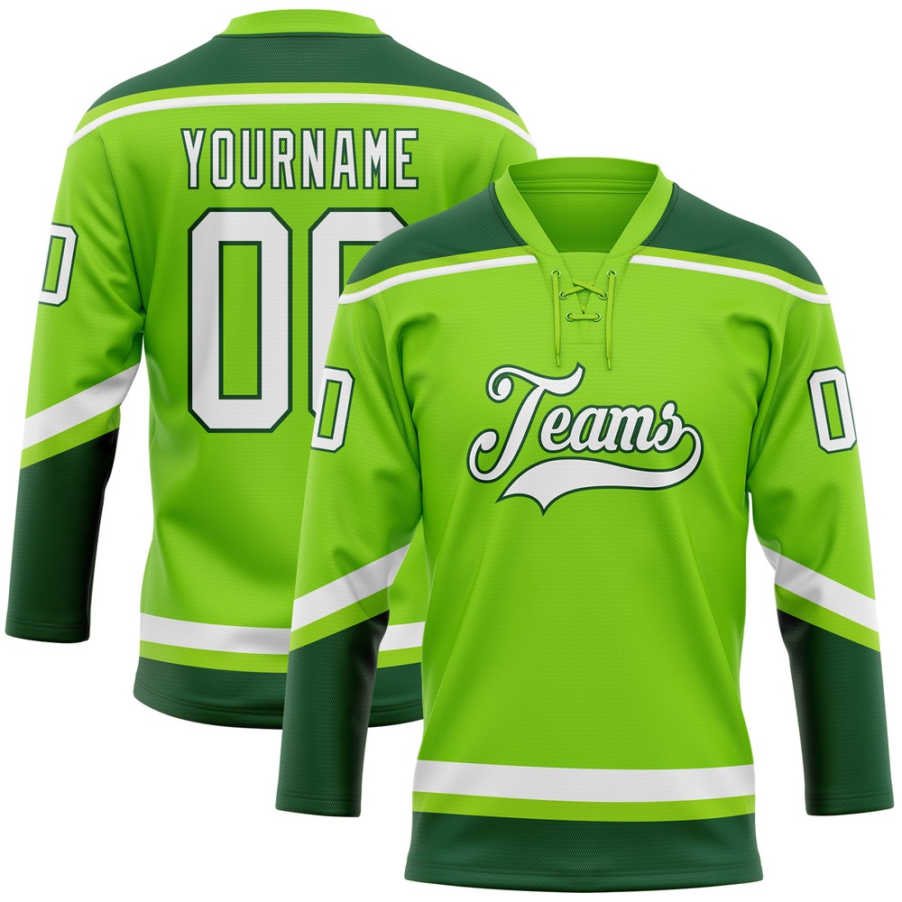 Custom Neon Green White Green Hockey Lace Neck Jersey, New Hockey Jersey, Personali Sport Team Jersey Shirt Custom Neon Green White Green Hockey Lace Neck Jersey, New Hockey Jersey, Personali Sport Team Jersey Shirt