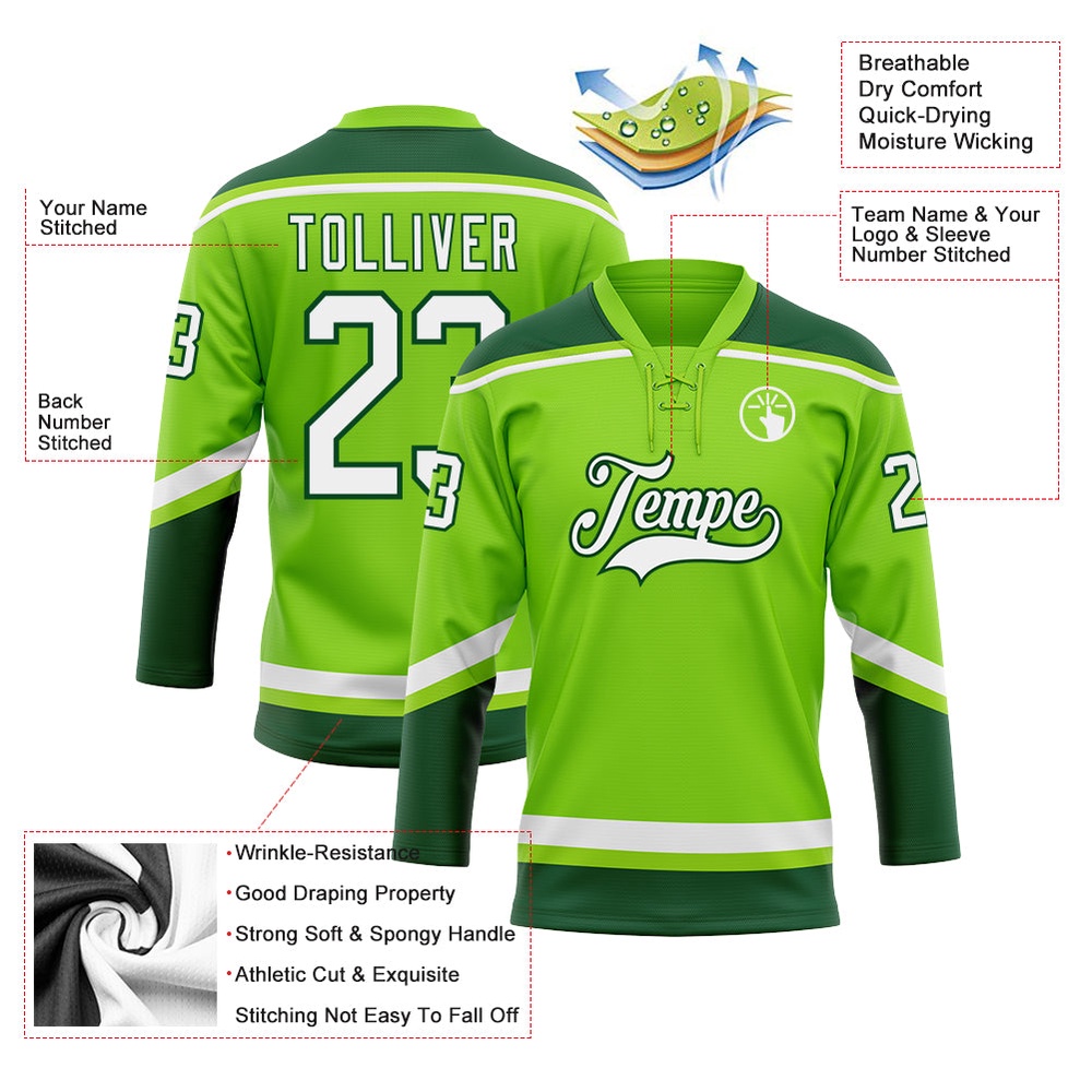 Custom Neon Green White Green Hockey Lace Neck Jersey, New Hockey Jersey, Personali Sport Team Jersey Shirt Custom Neon Green White Green Hockey Lace Neck Jersey, New Hockey Jersey, Personali Sport Team Jersey Shirt