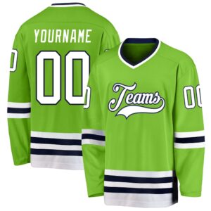 Custom Neon Green White Navy Hockey Jersey,…