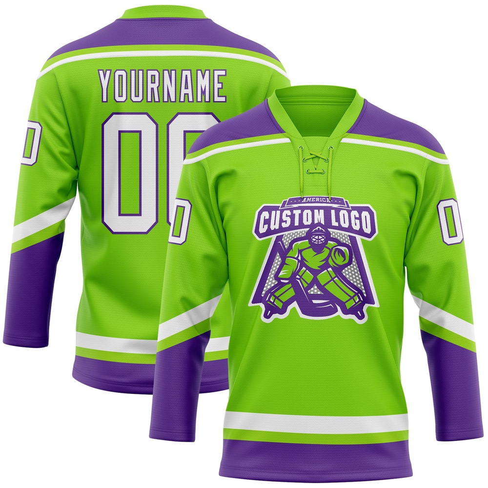 Custom Neon Green White Purple Hockey Lace Neck Jersey, New Hockey Jersey, Personali Sport Team Jersey Shirt