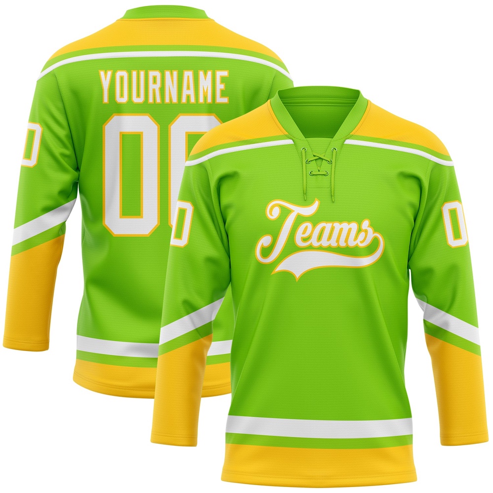 Custom Neon Green White Yellow Hockey Lace Neck Jersey, New Hockey Jersey, Personali Sport Team Jersey Shirt