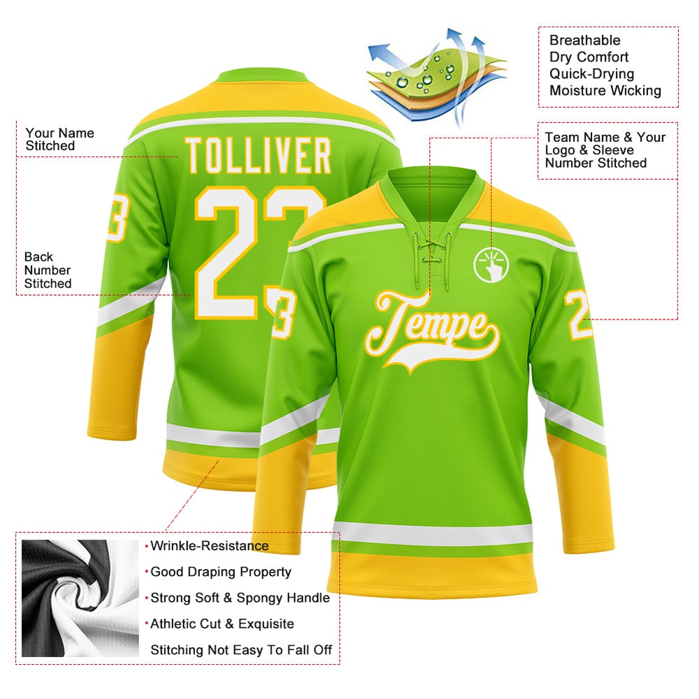 Custom Neon Green White Yellow Hockey Lace Neck Jersey, New Hockey Jersey, Personali Sport Team Jersey Shirt