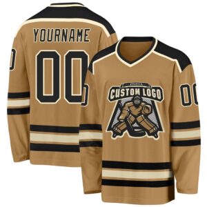 Custom Old Gold Black Cream Hockey Jersey,…