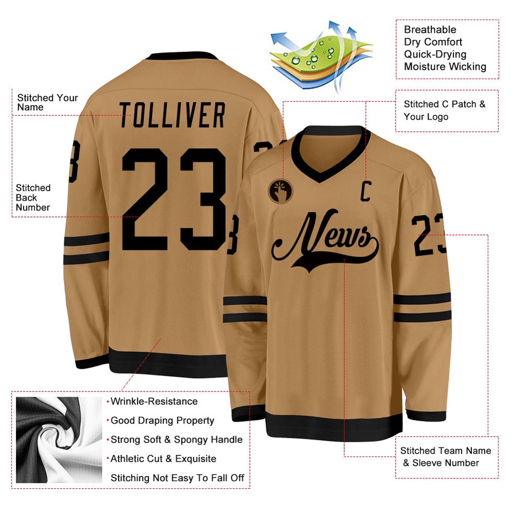 Custom Old Gold Black Hockey Jersey, New Hockey Jersey, Personali Sport Team Jersey Shirt Custom Old Gold Black Hockey Jersey, New Hockey Jersey, Personali Sport Team Jersey Shirt