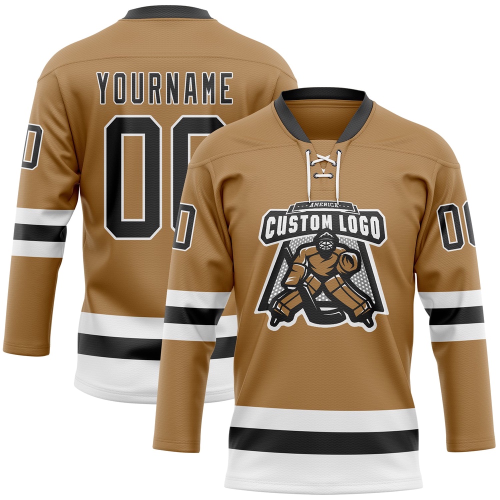 Custom Old Gold Black White Hockey Lace Neck Jersey, New Hockey Jersey, Personali Sport Team Jersey Shirt