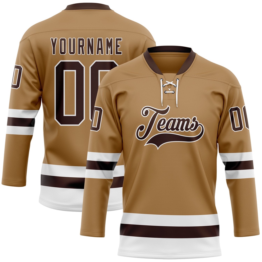 Custom Old Gold Brown White Hockey Lace Neck Jersey, New Hockey Jersey, Personali Sport Team Jersey Shirt