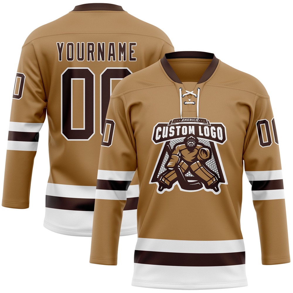 Custom Old Gold Brown White Hockey Lace Neck Jersey, New Hockey Jersey, Personali Sport Team Jersey Shirt