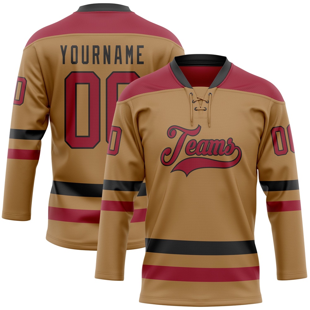 Custom Old Gold Cardinal Black Hockey Lace Neck Jersey, New Hockey Jersey, Personali Sport Team Jersey Shirt