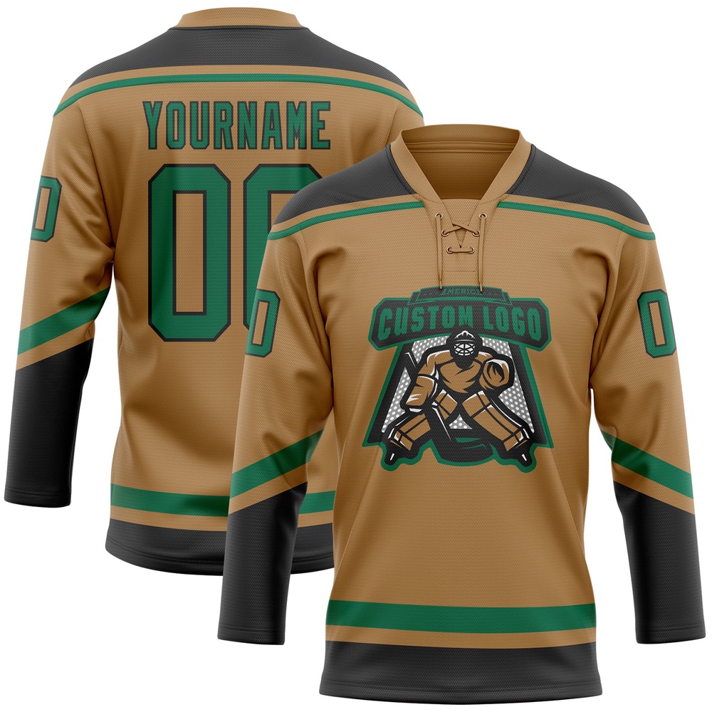 Custom Old Gold Kelly Green Black Hockey Lace Neck Jersey, New Hockey Jersey, Personali Sport Team Jersey Shirt Custom Old Gold Kelly Green Black Hockey Lace Neck Jersey, New Hockey Jersey, Personali Sport Team Jersey Shirt