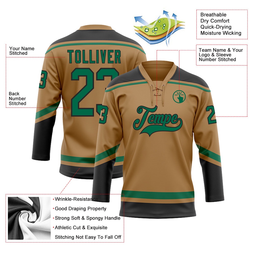 Custom Old Gold Kelly Green Black Hockey Lace Neck Jersey, New Hockey Jersey, Personali Sport Team Jersey Shirt Custom Old Gold Kelly Green Black Hockey Lace Neck Jersey, New Hockey Jersey, Personali Sport Team Jersey Shirt