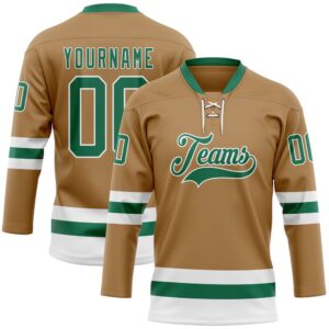 Custom Old Gold Kelly Green White Hockey…