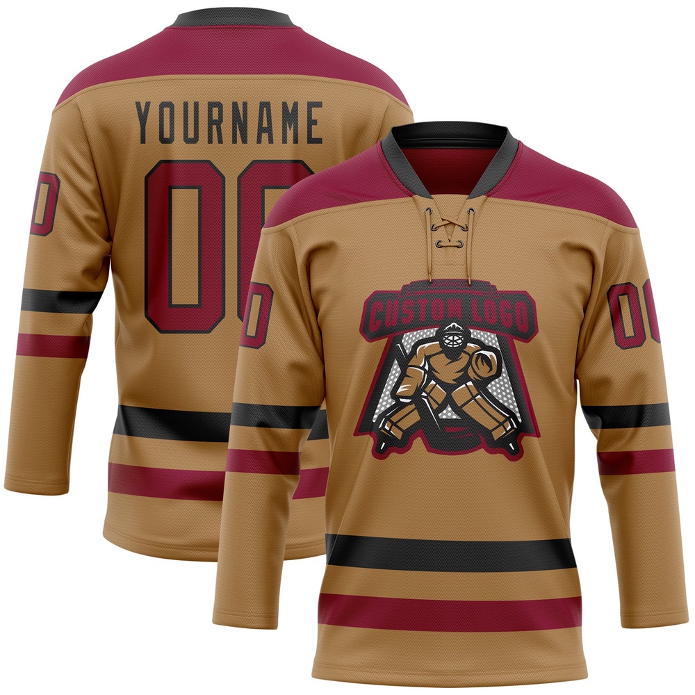 Custom Old Gold Maroon Black Hockey Lace Neck Jersey, New Hockey Jersey, Personali Sport Team Jersey Shirt