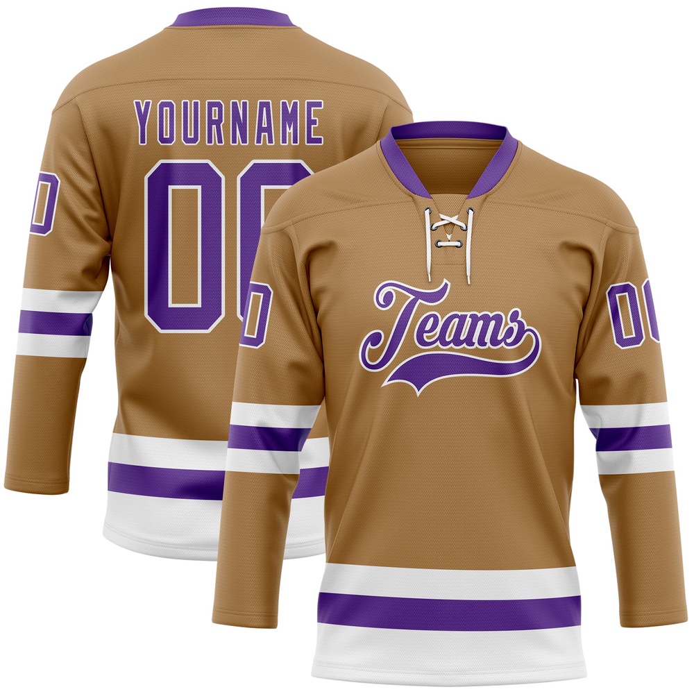 Custom Old Gold Purple White Hockey Lace Neck Jersey, New Hockey Jersey, Personali Sport Team Jersey Shirt