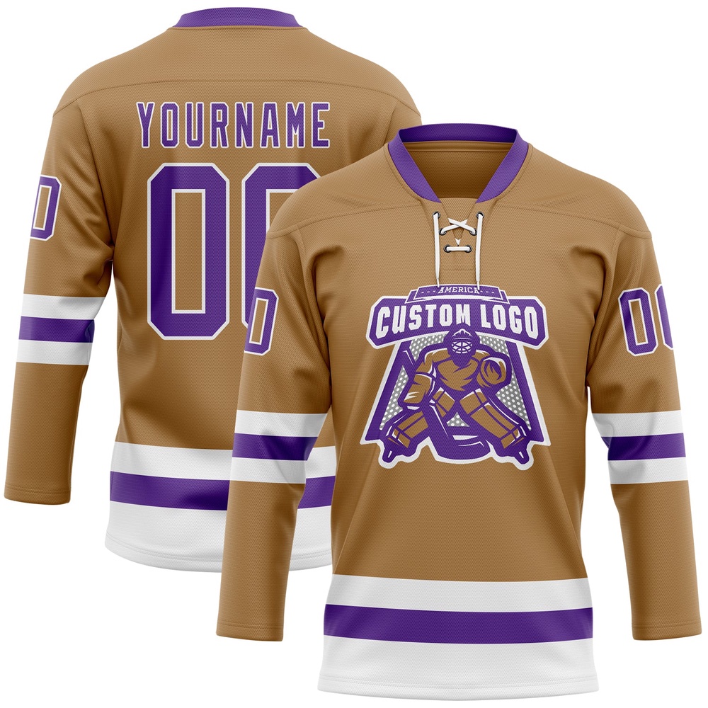 Custom Old Gold Purple White Hockey Lace Neck Jersey, New Hockey Jersey, Personali Sport Team Jersey Shirt