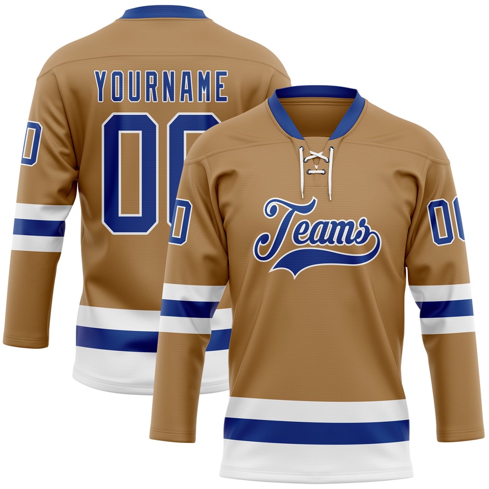 Custom Old Gold Royal White Hockey Lace Neck Jersey, New Hockey Jersey, Personali Sport Team Jersey Shirt Custom Old Gold Royal White Hockey Lace Neck Jersey, New Hockey Jersey, Personali Sport Team Jersey Shirt