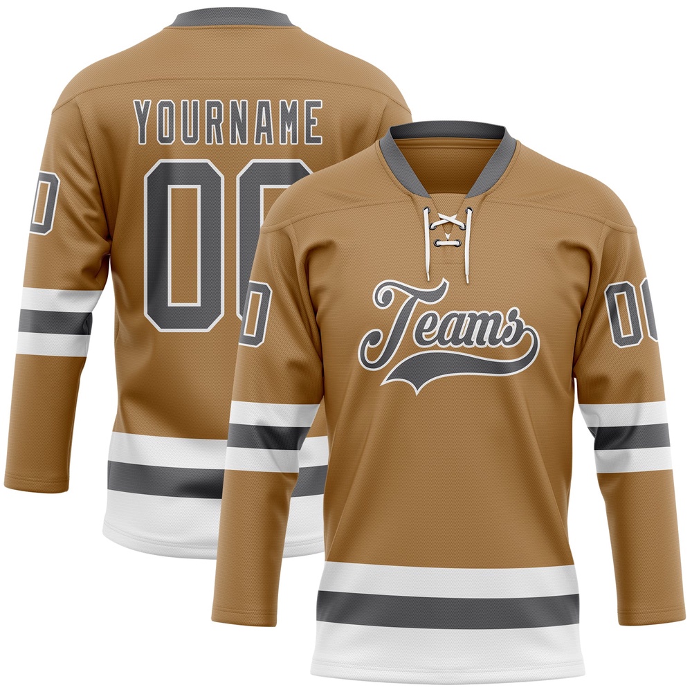 Custom Old Gold Steel Gray White Hockey Lace Neck Jersey, New Hockey Jersey, Personali Sport Team Jersey Shirt