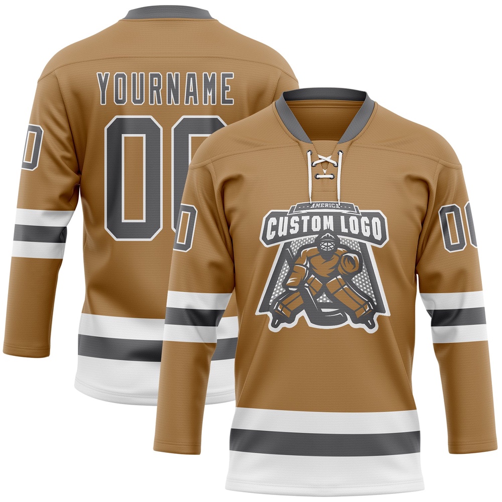 Custom Old Gold Steel Gray White Hockey Lace Neck Jersey, New Hockey Jersey, Personali Sport Team Jersey Shirt