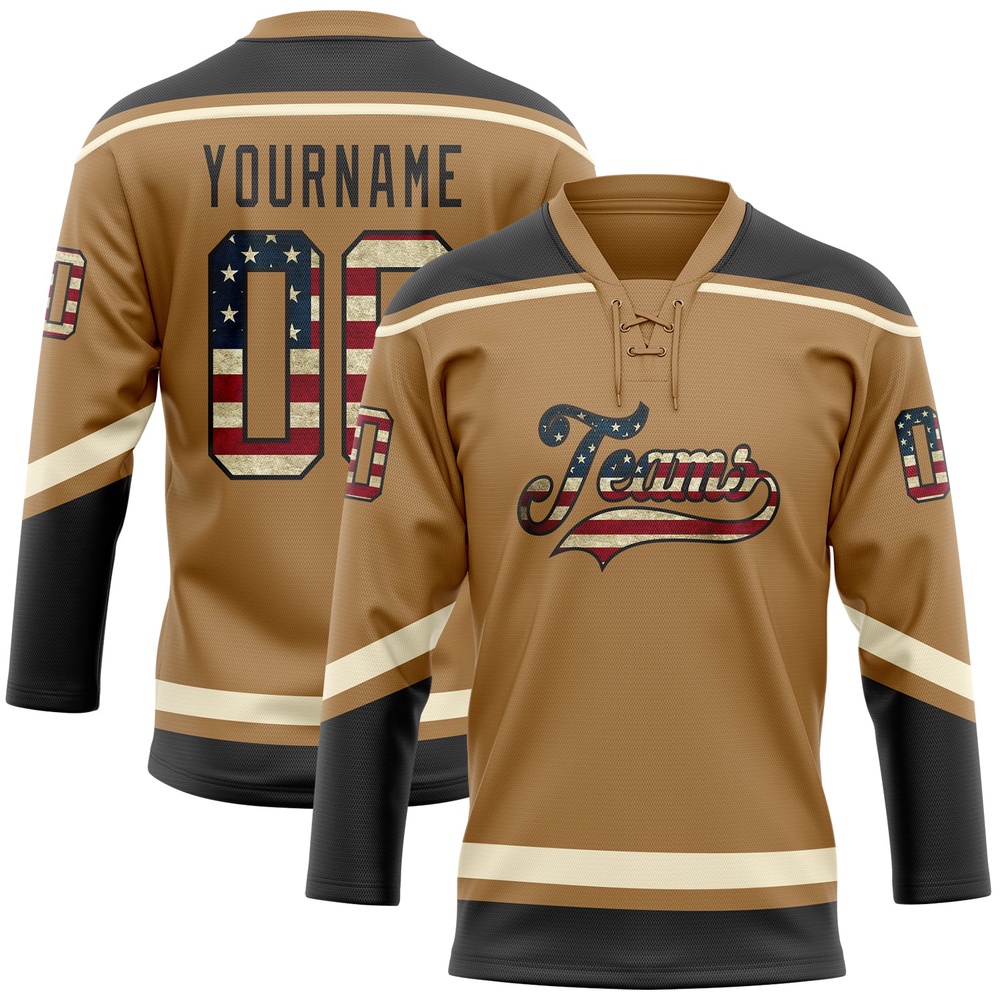 Custom Old Gold Vintage USA Flag Black Cream Hockey Lace Neck Jersey, New Hockey Jersey, Personali Sport Team Jersey Shirt