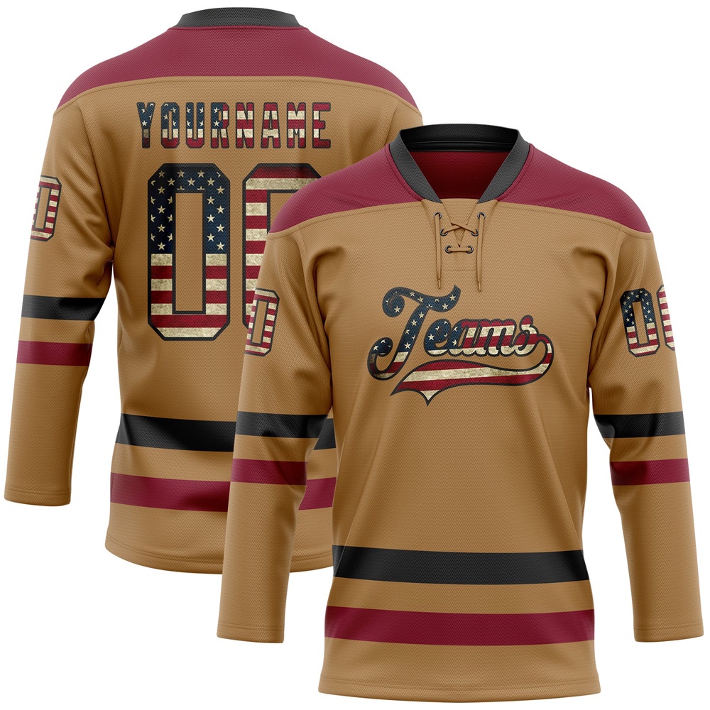 Custom Old Gold Vintage USA Flag Black Crimson Hockey Lace Neck Jersey, New Hockey Jersey, Personali Sport Team Jersey Shirt